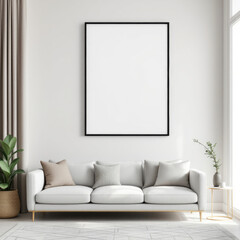 a white couch with three pillows, a large blank picture frame on the wall, a potted plant, and a gold side table. Cozy modern living room with photo frame design