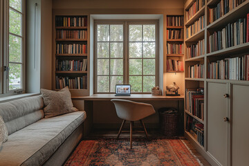 Cozy study nook with a desk and an empty wall, perfect for creativity and focus