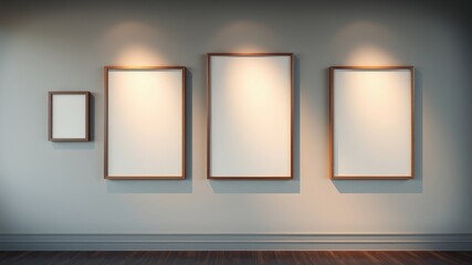 Empty picture frames on a wall in a gallery setting, showcasing a minimalist interior design concept