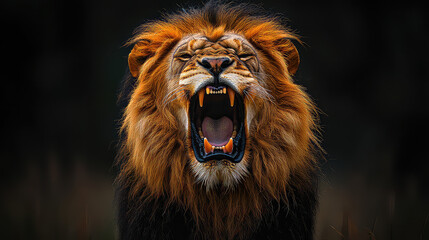 Majestic male lion roaring with mouth open, showcasing powerful teeth and mane against a dark background. © Herdi