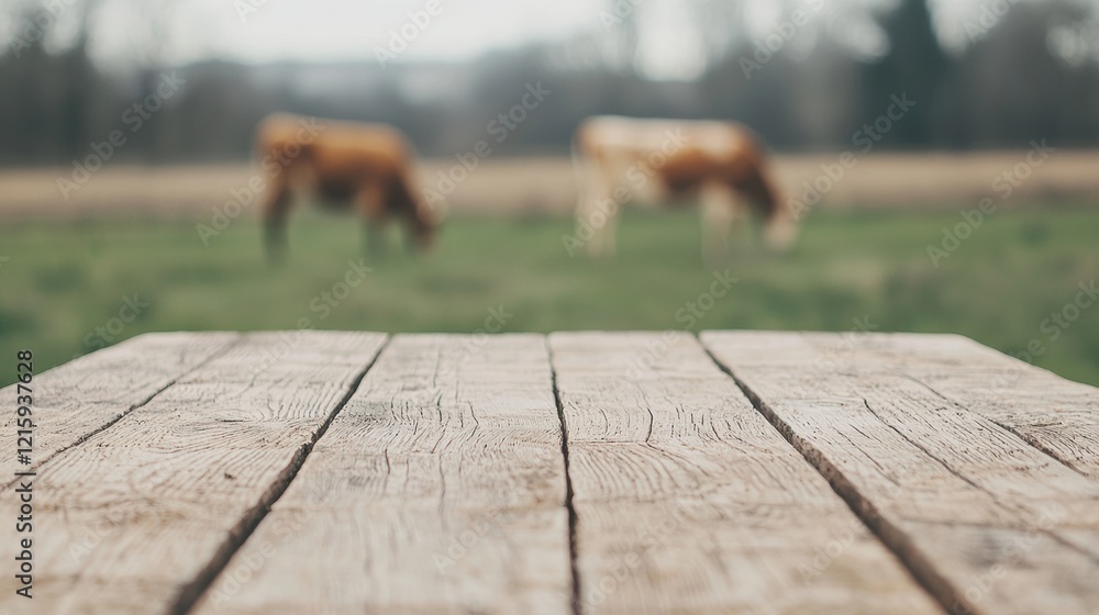Poster empty wooden table with grazing cows in the background