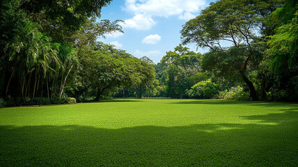 Lush green park under a bright blue sky with scattered clouds
