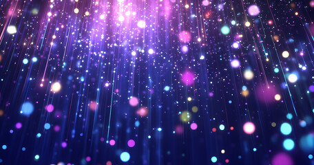 Abstract background with colorful lines and dots, forming an abstract futuristic line of light in the center on a dark blue background