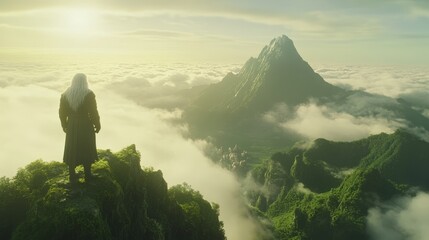 Obraz premium Solitary Figure Contemplates Cloud-Shrouded Peaks