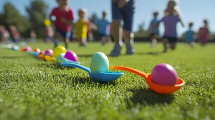 Colorful Easter eggs in spoons line a grassy field, blurred children race in the background. A sunny spring day Easter egg hunt game.