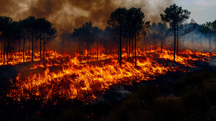 Infernal blaze: Wildfire engulfs forest, causing widespread destruction and ecological damage