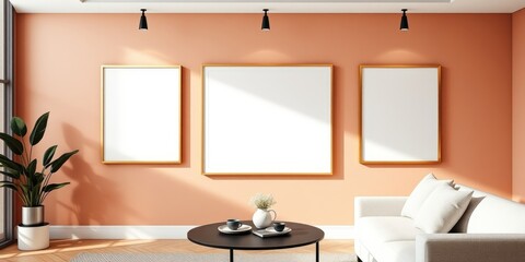 Modern living room interior with three empty gold frames, peach walls, and a comfortable sofa