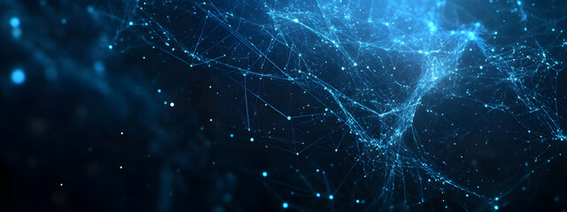 Abstract blue glowing digital connections on a dark background with a global map