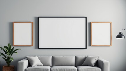 Modern Minimalist Living Room Interior with Blank Frames and Sofa