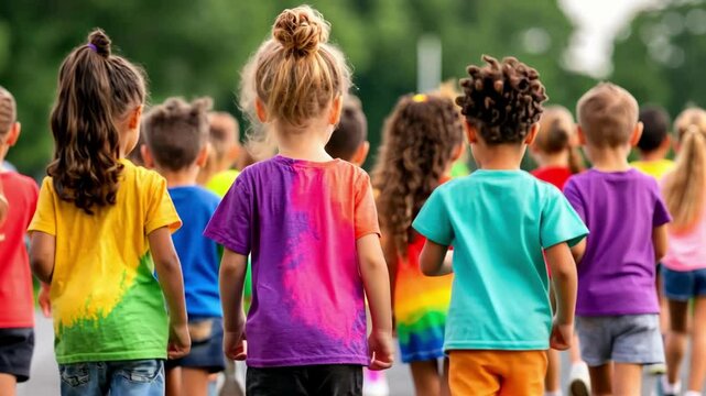 Joyful children's camp adventure in nature with colorful outfits