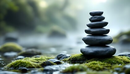 zen, stones, tall, stack, uneven, shapes, rugged, textures, mossy, damp, surface, morning, mist, soft, diffused, lighting, dewdrops, visible, natural, serene, tranquil, harmony, peaceful, meditative, 