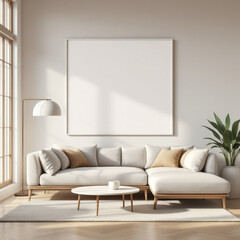 a large white sectional sofa with brown throw pillows, a white coffee table, and a large white picture frame on the wall above the sofa. Cozy modern living room with photo frame design