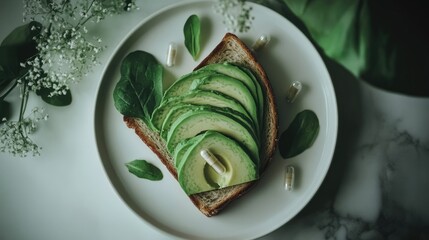 A minimalist beauty-themed breakfast with avocado toast, fresh greens, and edible beauty capsules.