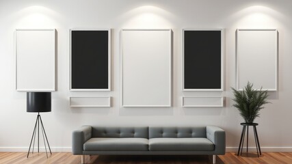 Modern living room interior design with gray sofa and five framed artworks