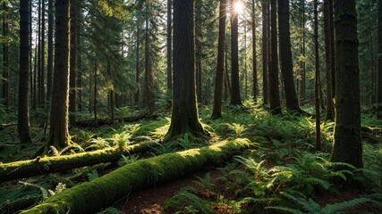 Healthy Green Forest with Tall Spruce and Pine Trees