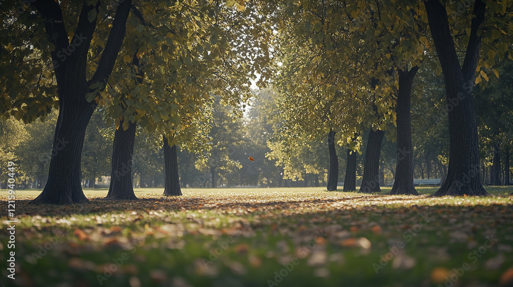 Poster serene autumn pathway lined with trees in a peaceful park setting