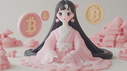 Innovative cryptocurrency-themed doll display modern studio digital art minimalist close-up feminine