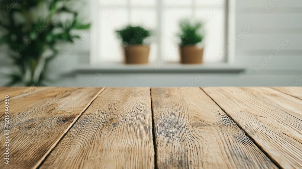 Poster empty wooden table with blurred background featuring window and plants
