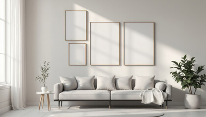 a gray sofa with four pillows, a small white table with a plant, and three blank picture frames on the wall above the sofa. Cozy modern living room with photo frame design
