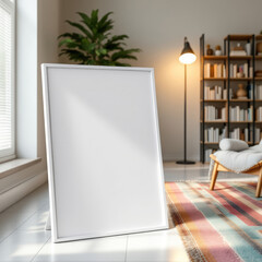 a large white poster propped up on a stand, a comfortable couch, and a bookshelf filled with books. Cozy modern living room with photo frame design