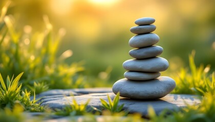 Obraz premium zen, stones, tall, stack, uneven, layers, rough, surfaces, grassy, surface, swaying, grass, goldenhour, sunlight, shadows, grassblades, hyperrealistic, detail, serene, tranquil, harmony, peaceful, 