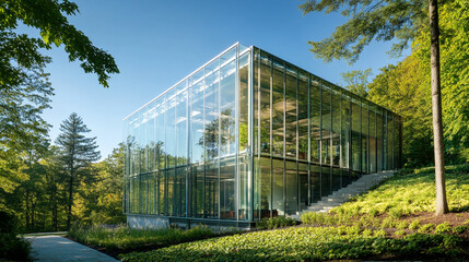 Fototapeta premium Modern glass building amidst lush greenery in a serene landscape