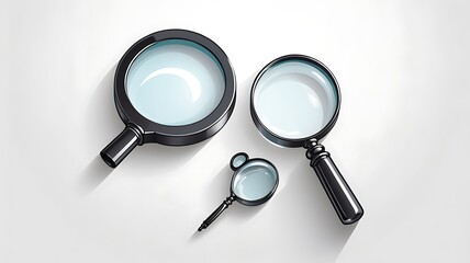 3D-rendered icon of a magnifying glass with a clear lens, white background.