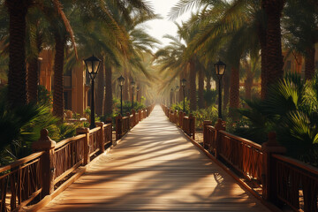 Boardwalk Winds Through a Desert Oasis with Palm Trees and Serene Views