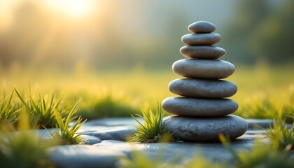 Obraz premium zen, stones, tall, stack, uneven, layers, rough, surfaces, grassy, surface, swaying, grass, goldenhour, sunlight, shadows, grassblades, hyperrealistic, detail, serene, tranquil, harmony, peaceful, 