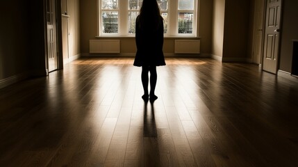 Solitary Girl in Empty Room, Backlit Silhouette