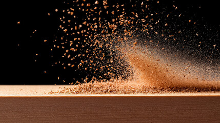 Flying sawdust particles captured in motion during woodworking.