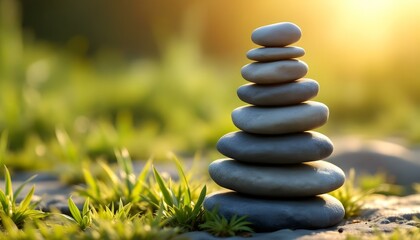 Obraz premium zen, stones, tall, stack, uneven, layers, rough, surfaces, grassy, surface, swaying, grass, goldenhour, sunlight, shadows, grassblades, hyperrealistic, detail, serene, tranquil, harmony, peaceful, 