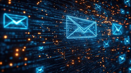 A computer screen shows a bunch of blue and orange dots that look like envelopes
