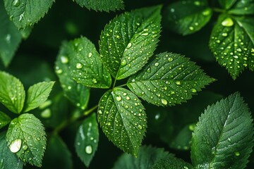 Raindrops Sparkling on Lush Green Leaves in a Macro View Capturing Nature's Beauty and Serenity