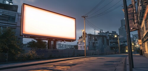Obraz premium Empty billboard on a quiet street as evening falls.
