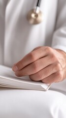 Obraz premium A close-up of a doctor's hand holding a notebook, symbolizing medical documentation and patient care in a clinical setting.