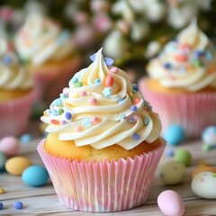 Easter cupcakes, spring flowers background, sweet treat, holiday baking