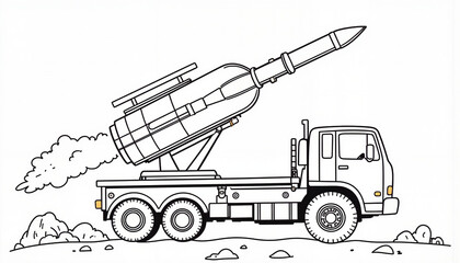 Military missile launcher on truck, black and white illustration