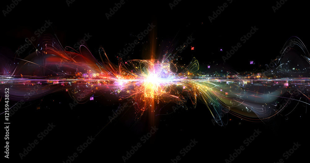 Poster abstract digital background with colorful lines and dots, forming an elegant composition on a dark b