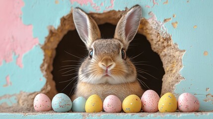 A rabbit is standing in front of a hole with a bunch of Easter eggs