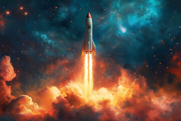 Rising Spaceship Launching Into Space with Powerful Thrusters and Energy