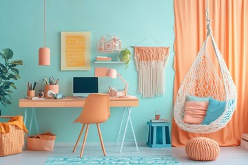 Bohemian Chic Home Office: Peach & Aqua Decor with Hanging Chair