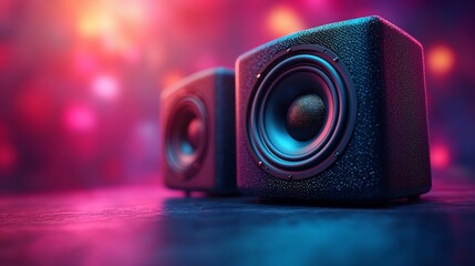 Neon Night: Close-up of Two Compact Speakers in Vibrant Pink and Blue Lighting