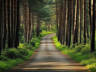 Fototapeta premium A forest road lined with tall pine trees, green grass and shrubs on the sides.