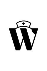 Letter W with nurse hat illustration, Creative depiction of the letter W featuring a nurse hat with a medical cross, symbolizing healthcare, nursing, and medical support services.  
  
