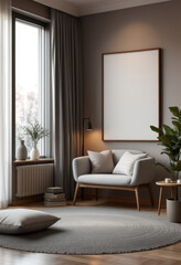 Fototapeta premium a gray sofa, a round rug, a large window with curtains, a white picture frame, and a stack of books. Cozy modern living room with photo frame design