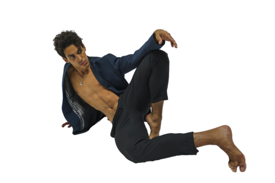 Scantily clad dancer, ballet dancer, man shows dance elements, dark-skinned athletic man