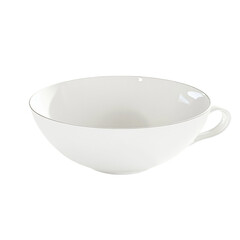 A simple white bowl with a handle, suitable for serving or eating food.