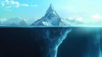 iceberg with the bottom half submerged in water and the top part above it is a snow-covered mountain