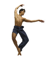 Scantily clad dancer, ballet dancer, man shows ballet jumps, dark-skinned athletic man